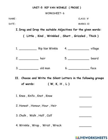 Unit 5 rip van winkle (prose) worksheet 6