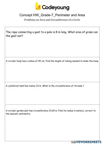 Problems on Area and Circumference of a Circle Concept HW