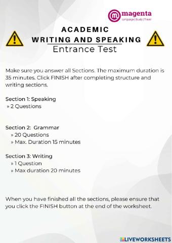 Academic Writing and Speaking Entrance Test