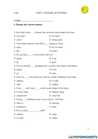 English 8 - unit 1 leisure activities