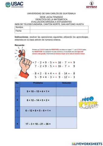 Adición y sustracción de enteros