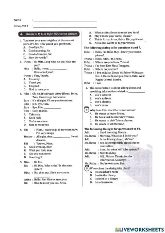 Latihan PTS 1 Bahasa Inggris 7A