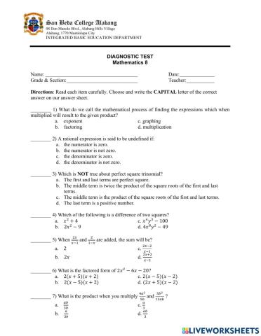 Math 8 - Diagnostic Test