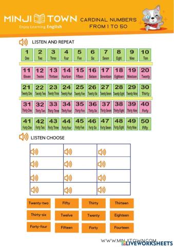 Cardinal numbers from 1 to 50