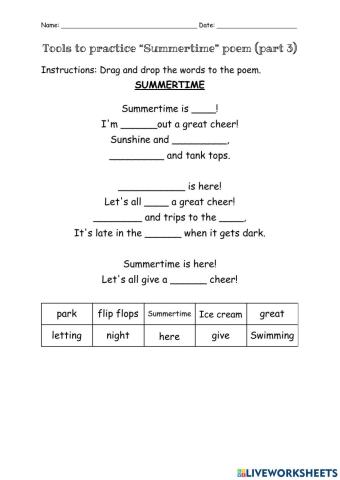 Tools to practice -Summertime- poem (Part 3)