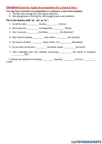 Preposition of place & time