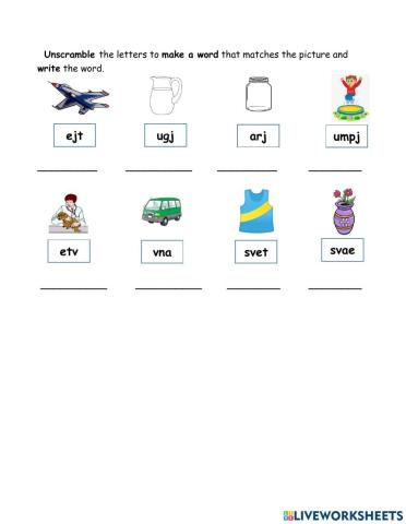 Unscramble the letters to make a word that matches the picture and write the word.