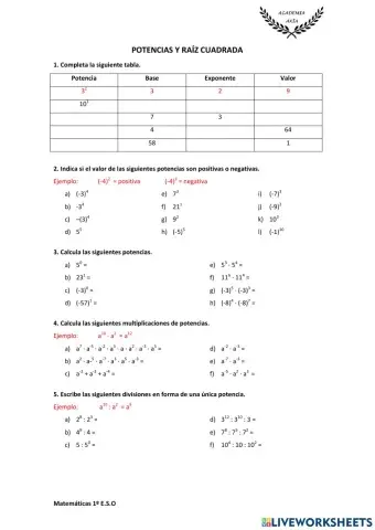 Potencias y raíces cuadradas