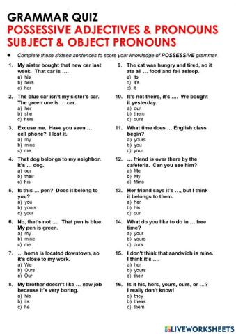 Possesive adjectives and pronouns subject and object pronouns