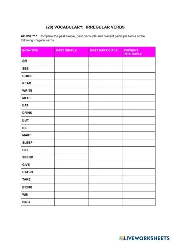 Vocabulary irregular verbs