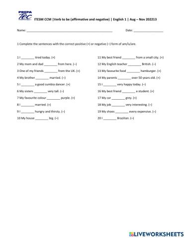 Verb to be affirmative and negative