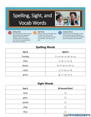 Spelling, Sight, and Vocab Words