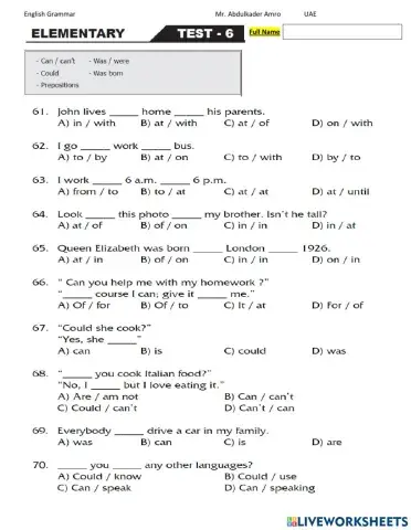Elementary Test 6 Part 4 Grammar