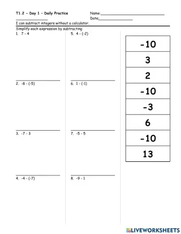 T1.2 I can subtract integers