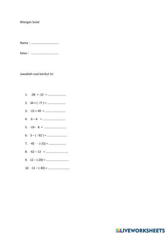 Operasi penjumlahan dan pengurangan bilangan bulat