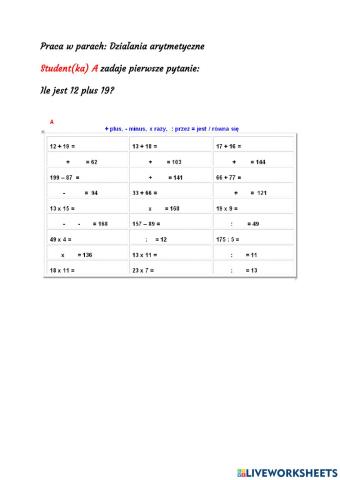 Działania arytmetyczne: Praca w parach