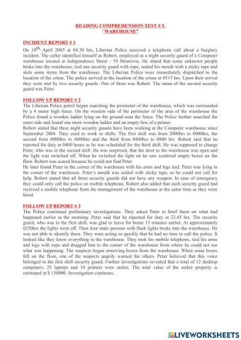 Reading comprehension test - 5. “warehouse”