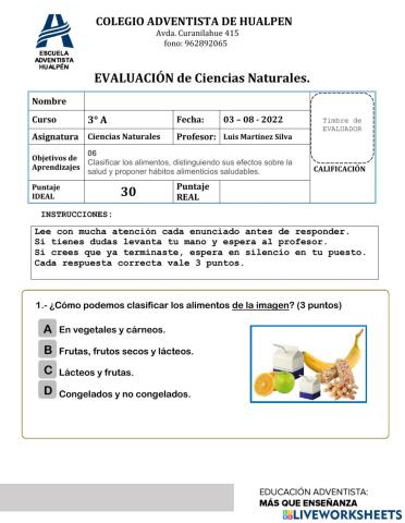 Evaluación Ciencias Naturales