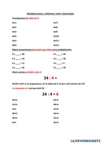 Multiplicaciones y divisiones tabla del 4