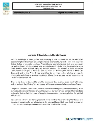 Leonardo Di Caprio Climate Change Speech