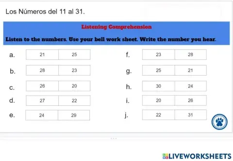 Numbers in Spanish 20-30