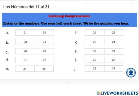 Numbers in Spanish 20-30