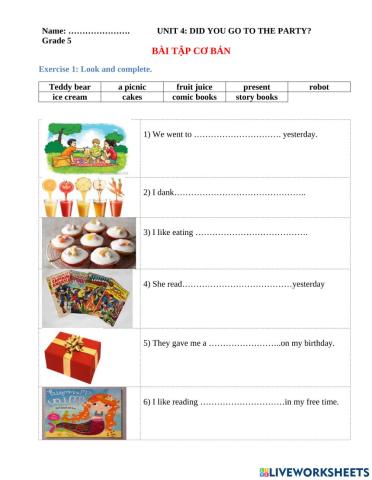 Tiếng Anh 5 Unit 4: Did you go to the party?