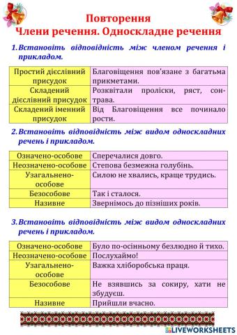 Повторення. Члени речення. Односкладне речення