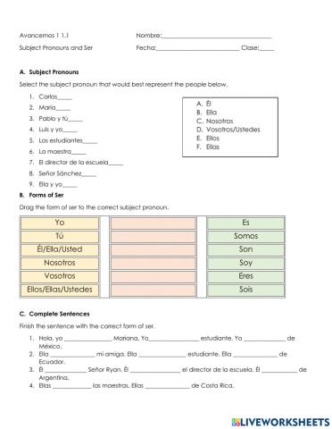 Subject Pronouns and Ser