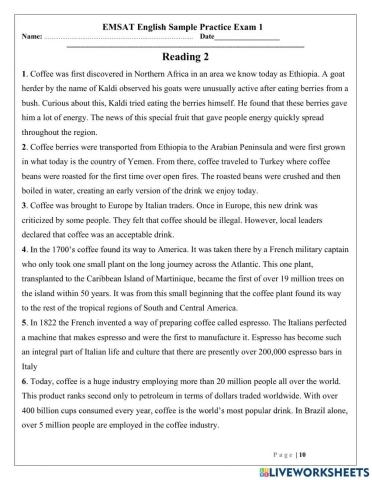 EmSAT Reading The History of Coffee