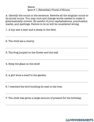 Lang6-Q1-L1 - Plural of Nouns (Quiz 1 Remedial)