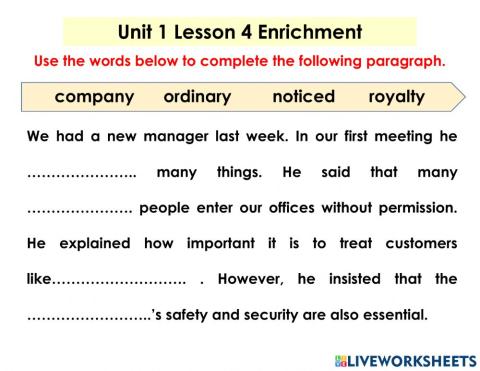Unit 1 Lesson 4 Enrichment