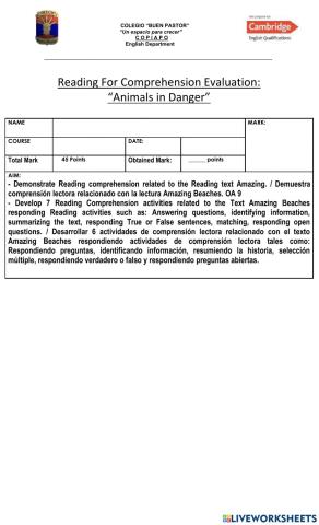 Reading For Comprehension Evaluation: Animals in Danger 1