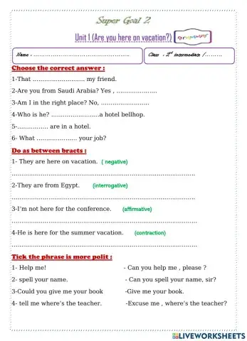 Unit 1 Are you here on vacation