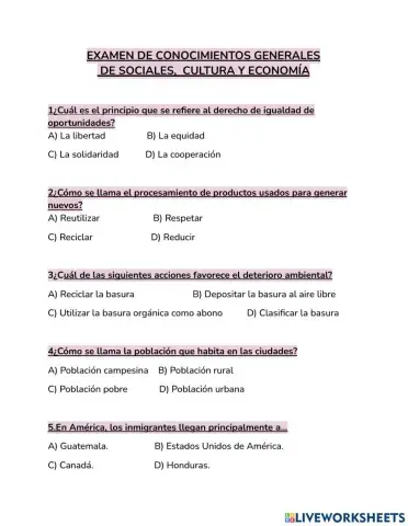 EXAMEN DE CONOCIMIENTOS GENERALES DE SOCIALES, CULTURA Y ECONOMÍA