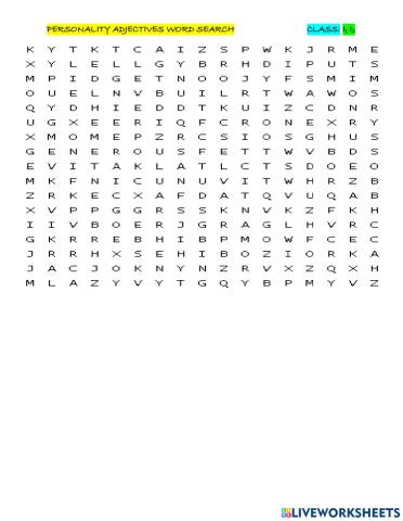 Personality adjectives word search