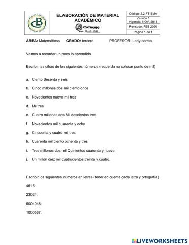 Escritura de numeros tercero