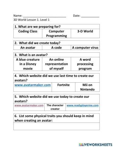 3D World Avatar Level 1