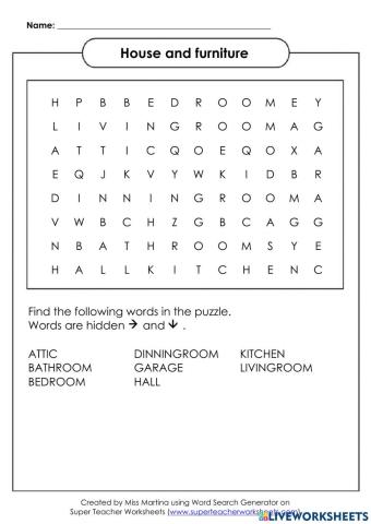 Rooms in the house Word search puzzle