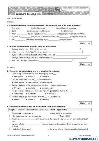 Unit 7 short test 1b - pre inter