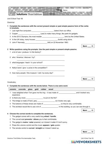 Unit 9 short test 1b - pre inter