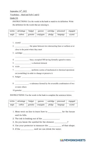 Hard and Soft C and G Vocabulary