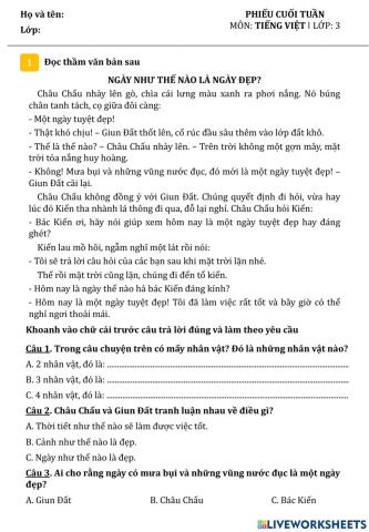 Phiếu cuối tuần 3 - Lớp 3
