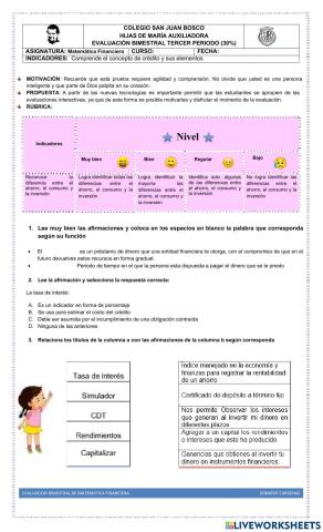 EVALUACION MATEMATICA FINANCIERA  8° TERCER PERIODO