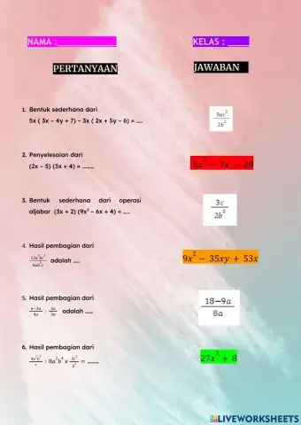 Tugas 3 Aljabar (Perkalian dan Pembagian Bentuk Aljabar)