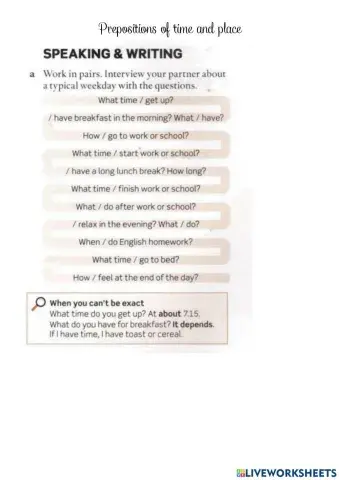 Prepositions of time and place speaking