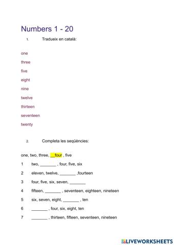 Numbers 1 -20