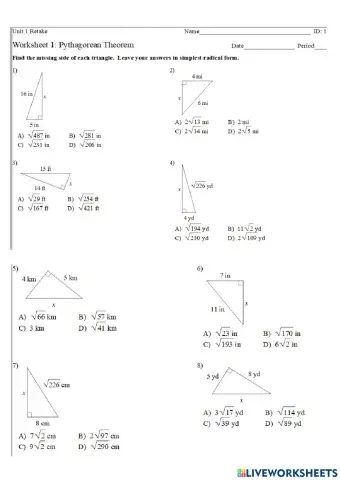 Worksheet 1: Pythagoras theorem