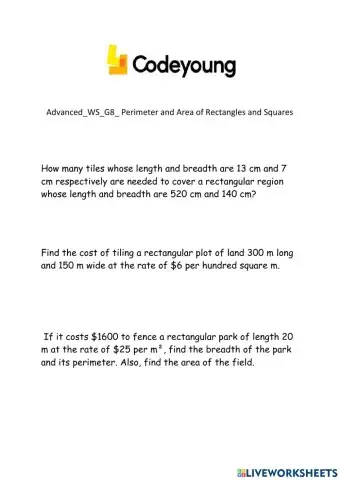 Advanced-WS-G8- Perimeter and Area of Rectangles and Squares