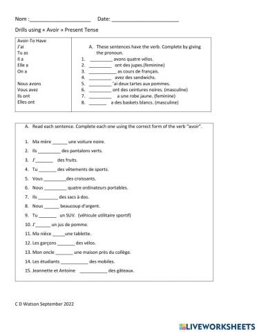 Verb Drill using Avoir